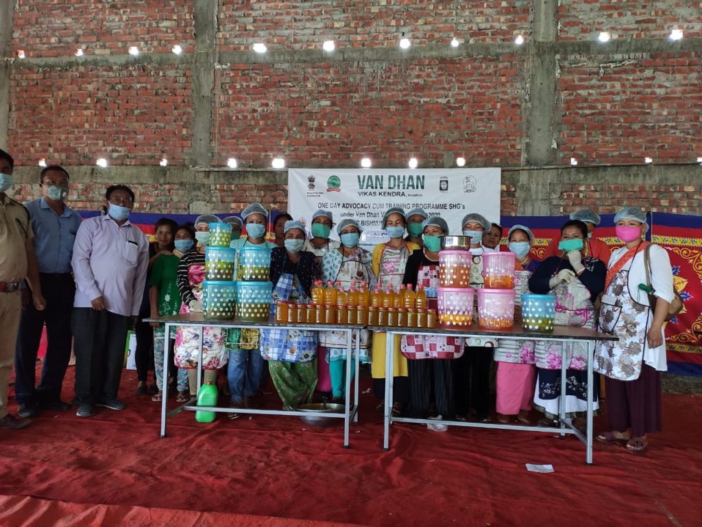 Trainees and the produce in a Van Dhan Vikas Kendra