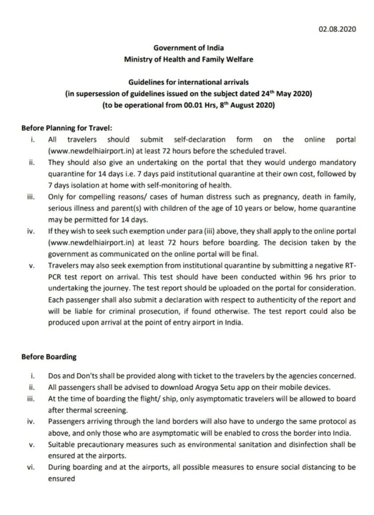 Page 1 of Notification for International Passengers